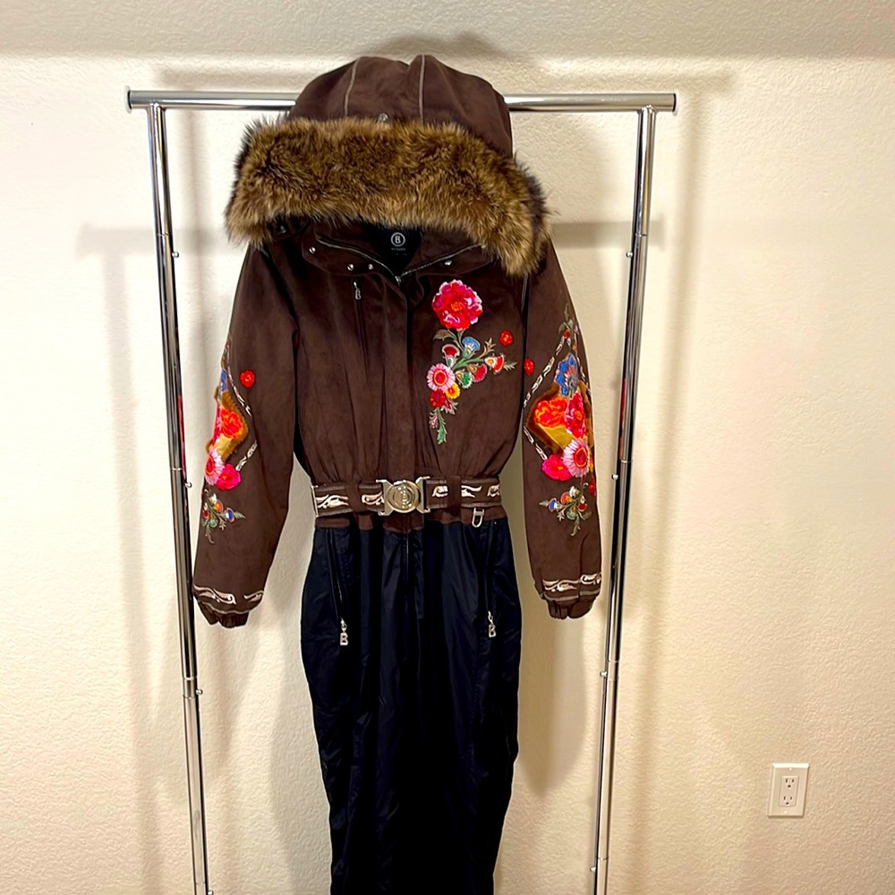 Bogner ski jumpsuit with raccoon fur trim US 8